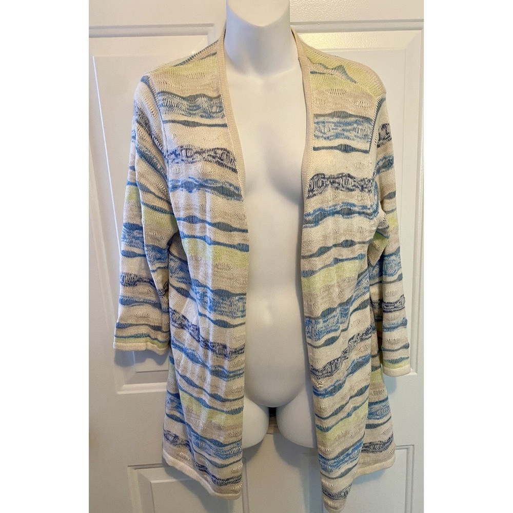 Chico’s Sz 1 Blue Ivory‎ Sweater Long Knit Cardigan Small Women’s